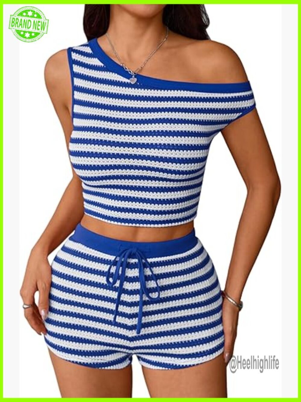 Striped Crochet Off-Shoulder Crop Top and Shorts Set, Size Small, Polyester